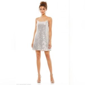 Mac Duggal Silver Sequin Scoop Neck A-line Mini Dress